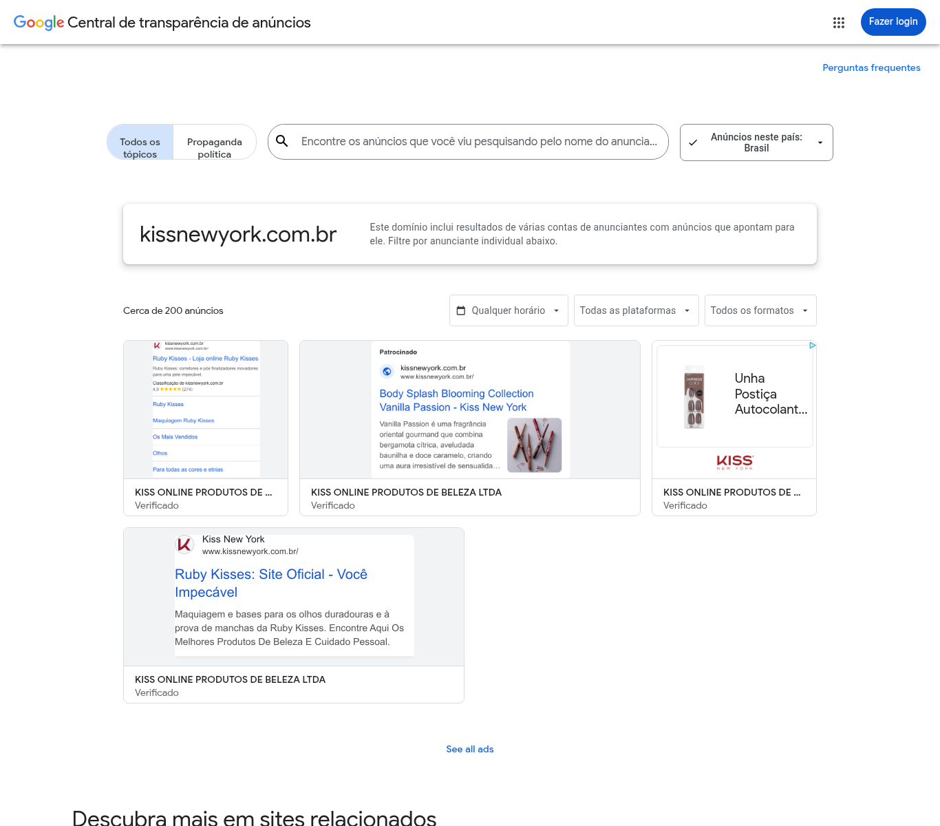 Print do Google Ads Transparency Center com anúncios do domínio Kiss New York Brasil