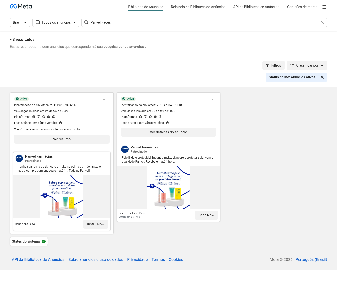 Print da Meta Ad Library com anúncios ativos da Panvel para skincare e app