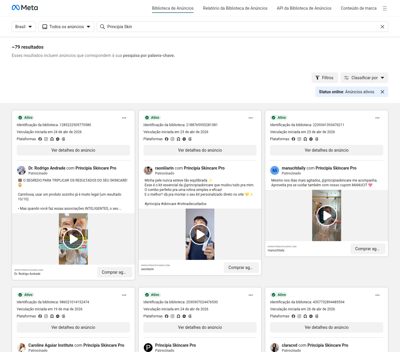 Print da Meta Ad Library com anúncios ativos da Principia